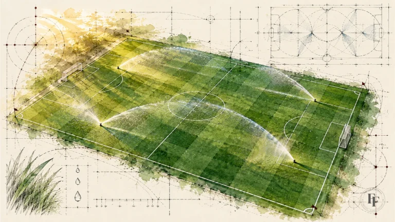 Illustration showing a football pitch being watered with sprinklers visible and sun shining through.